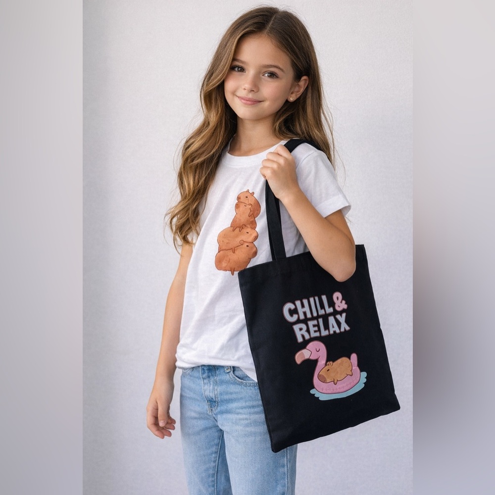 Capybara 3pc Gift Set Kids Tee Tote Bag Keychain Cute Kawaii Aesthetic Size 130